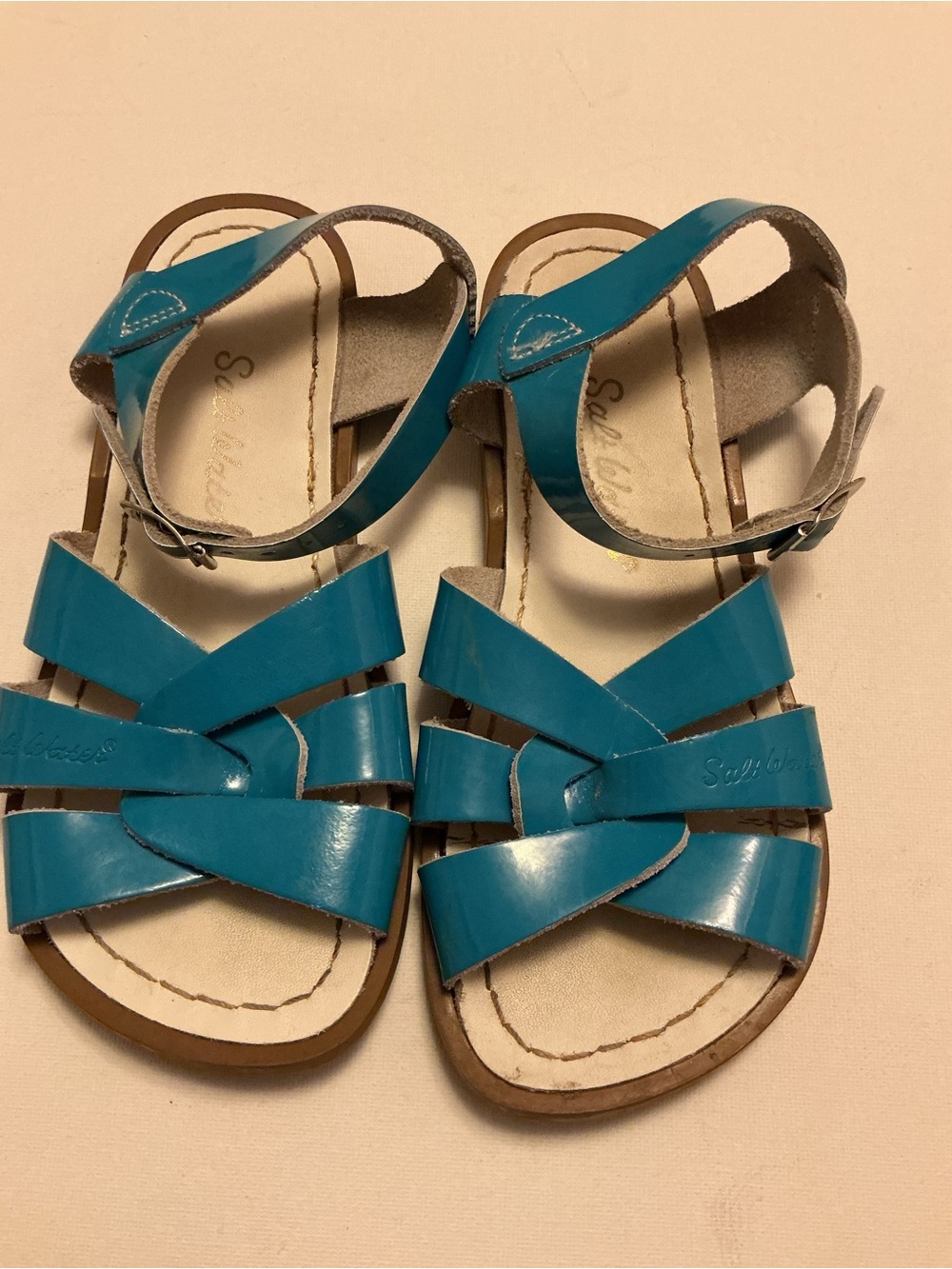 Girls' Teal Patent Leather Strappy Sandals with Ankle Buckle